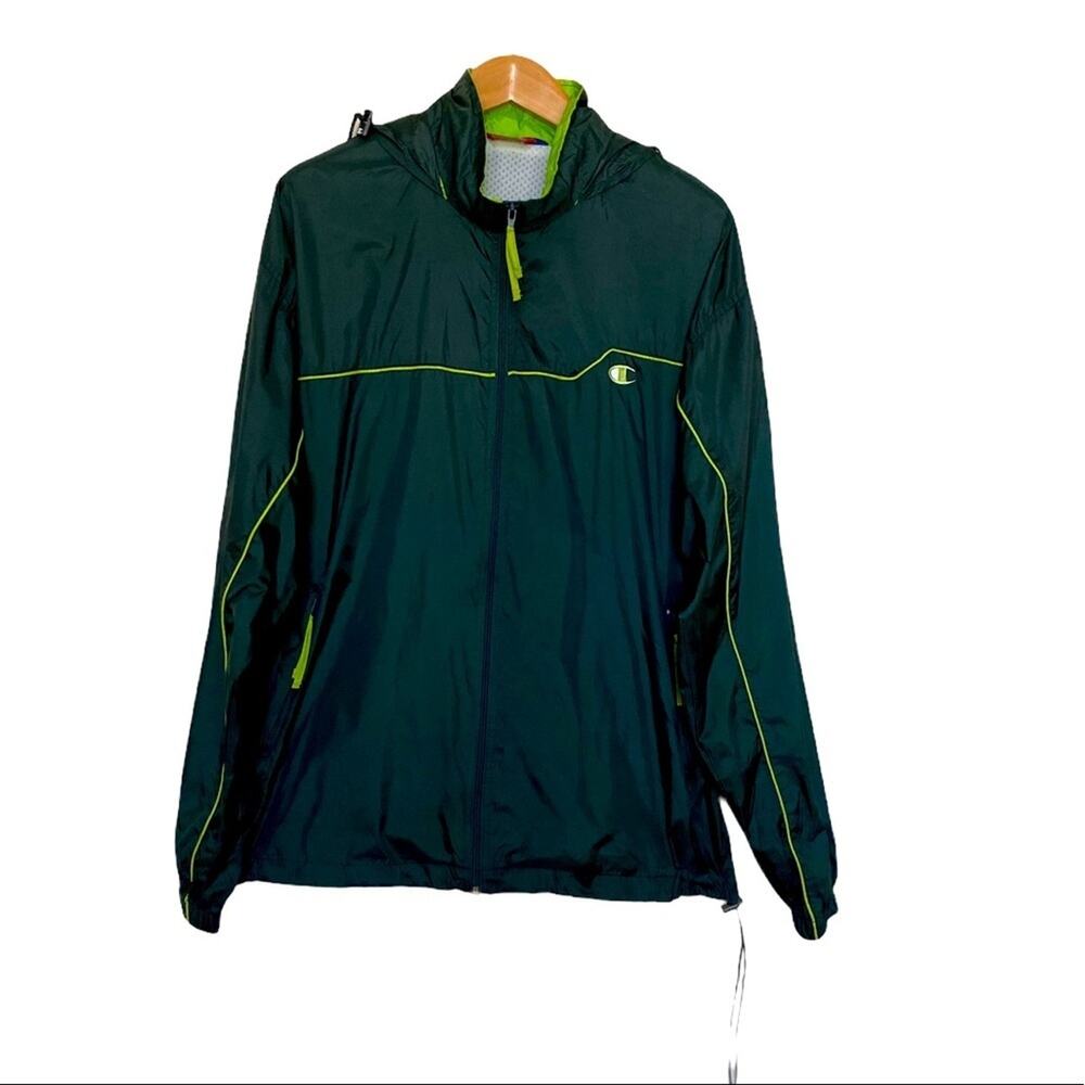 Champion rain jacket men's XL zip front hooded vented windbreaker green outdoor